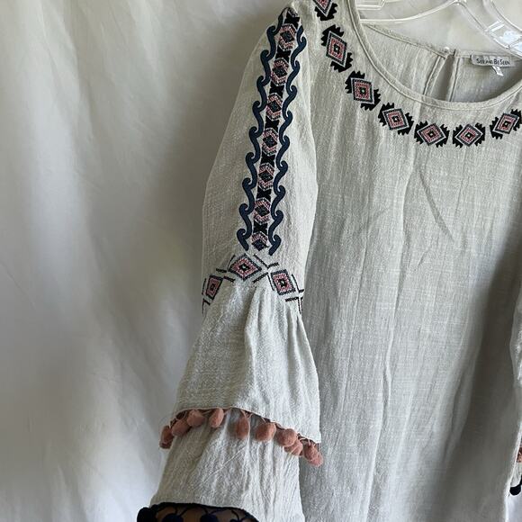 See and be Seen cotton embroidered bell sleeve top round neck pom pom details, S - Picture 3 of 7